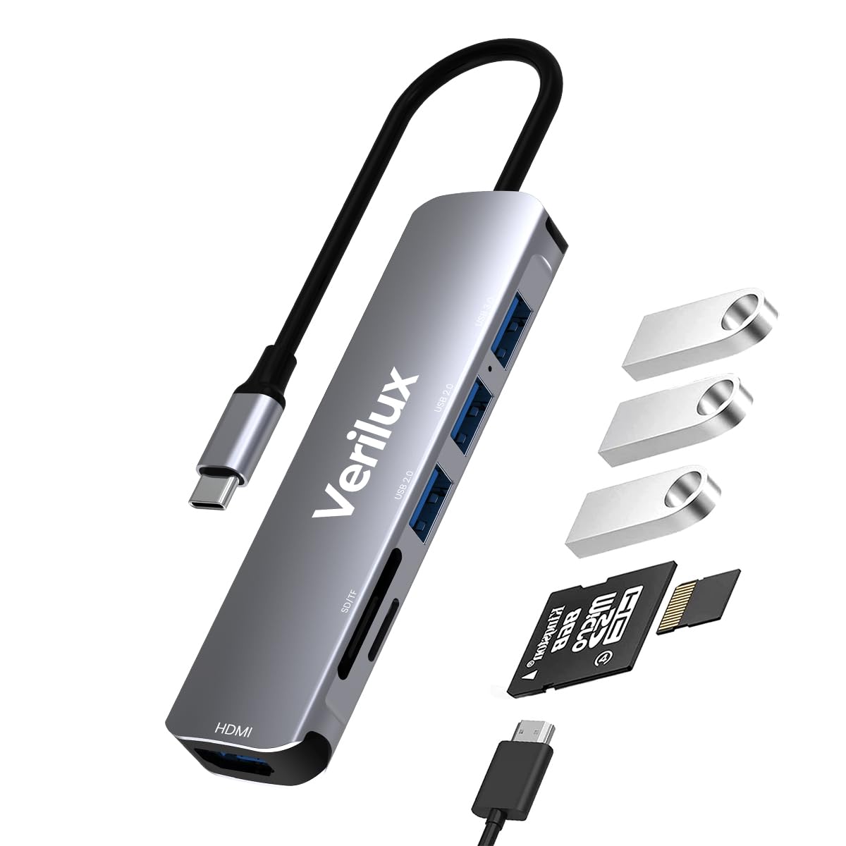 Verilux USB C Hub Multiport Adapter- 6 in 1 Portable Aluminum Type C Hub with 4K HDMI Output, USB 2.0/3.0 Ports, SD/Micro SD Card Reader Compatible for MacBook Pro 2016-2020, MacBook Air 2018-2020, Type-C Devices Verilux USB C Hub Multiport Adapter- 6 in 1 Portable Aluminum Type C Hub with 4K HDMI Output, USB 2.0/3.0 Ports, SD/Micro SD Card Reader Compatible for MacBook Pro 2016-2020, MacBook Air 2018-2020, Type-C Devices